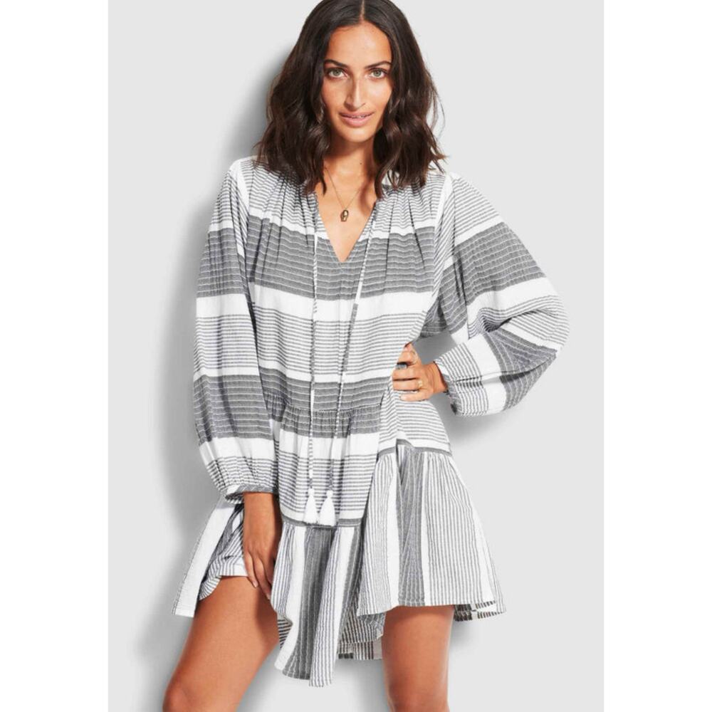 Seafolly 100% Woven Jacquard Black White Tiered Oversized Dress S/M